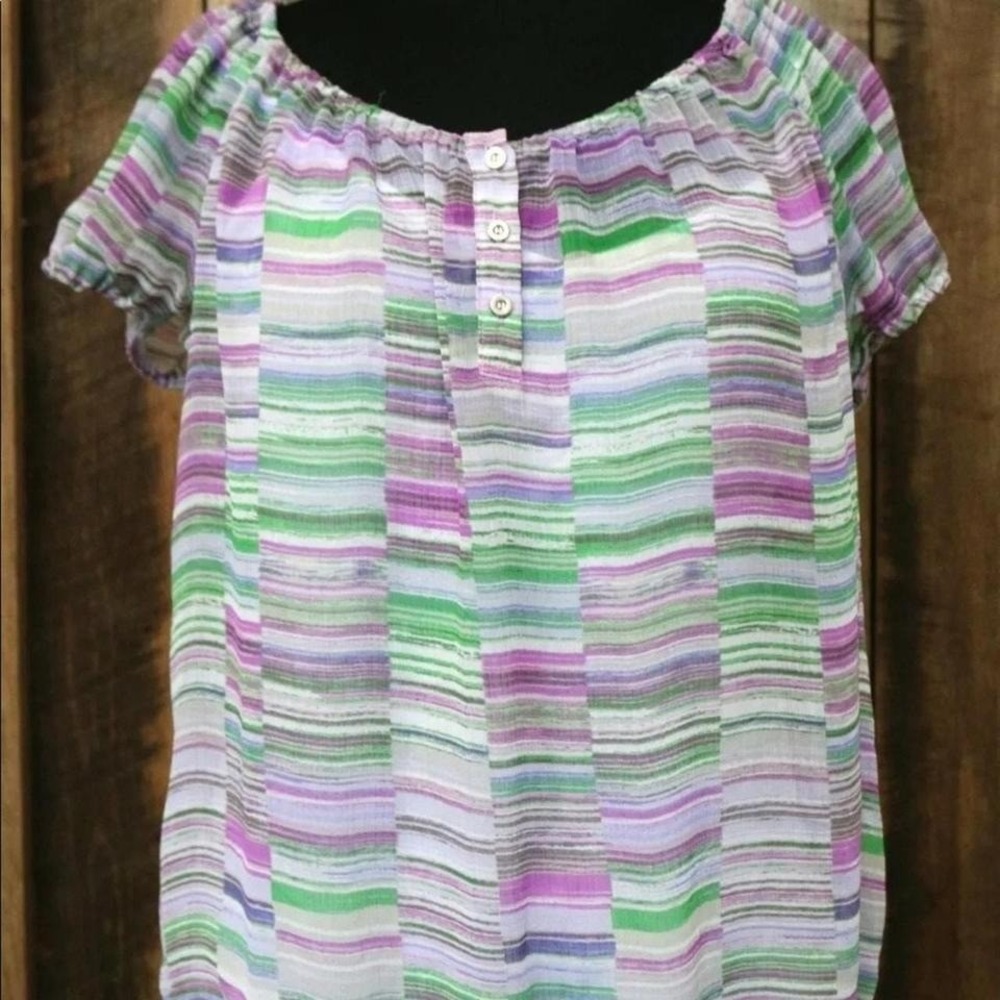 LIZ CLAIBORNE Size M Purple, Green, & White Sheer Blouse,‎ Attached White Cami